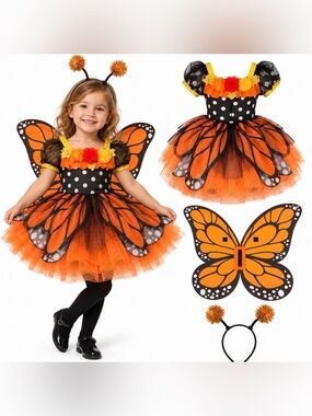 Spooktacular Creations Butterfly Halloween Costume Girls 3T Orange Black Wings